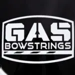 A white car sticker of the GAS Bowstrings logo.