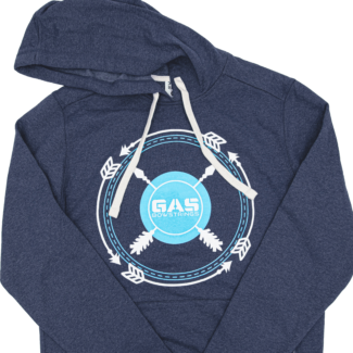 A sweatshirt featuring the GAS Bowstrings Seal in bright blue and white with arrows circling the GAS logo.